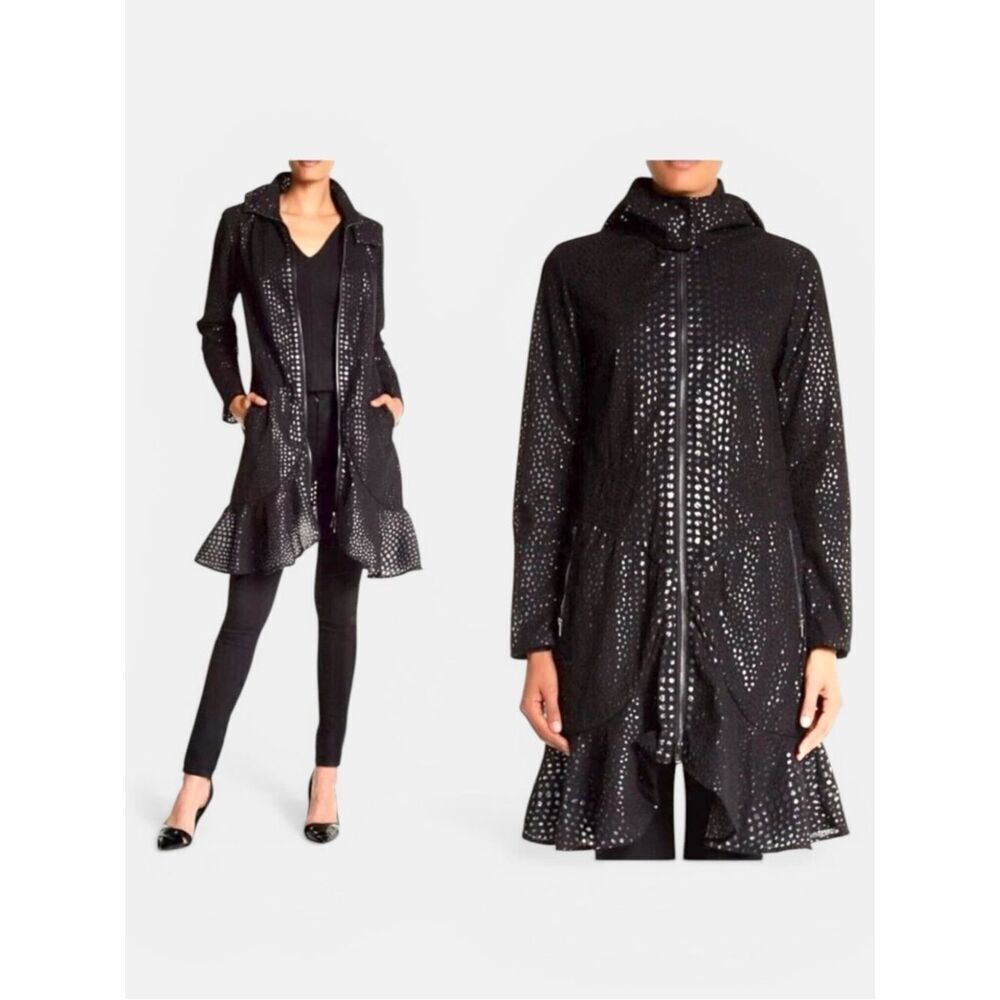 ZAC POSEN Women's Black Hooded Perforated Trench Coat Zip Front size L